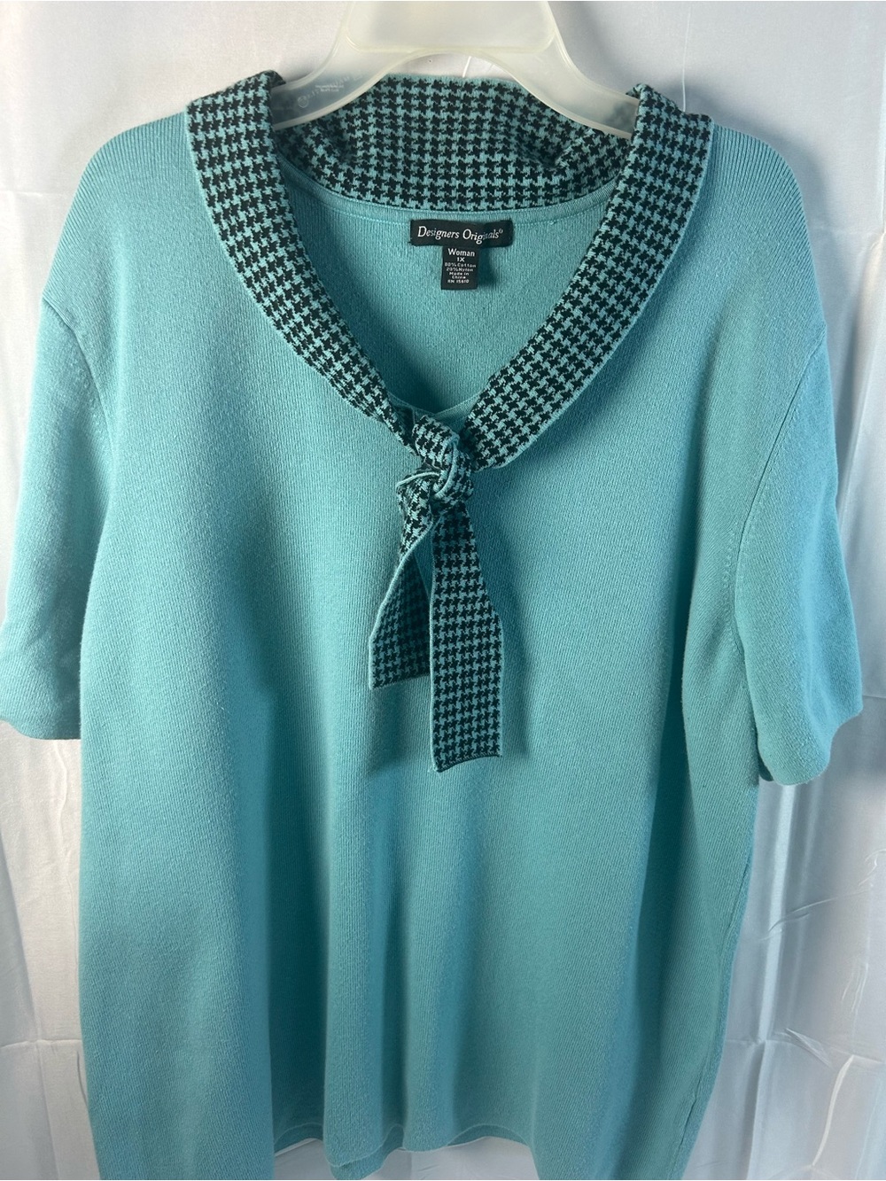 Designers Originals Aqua Knit Short-Sleeve Sweater with Houndstooth Tie Collar